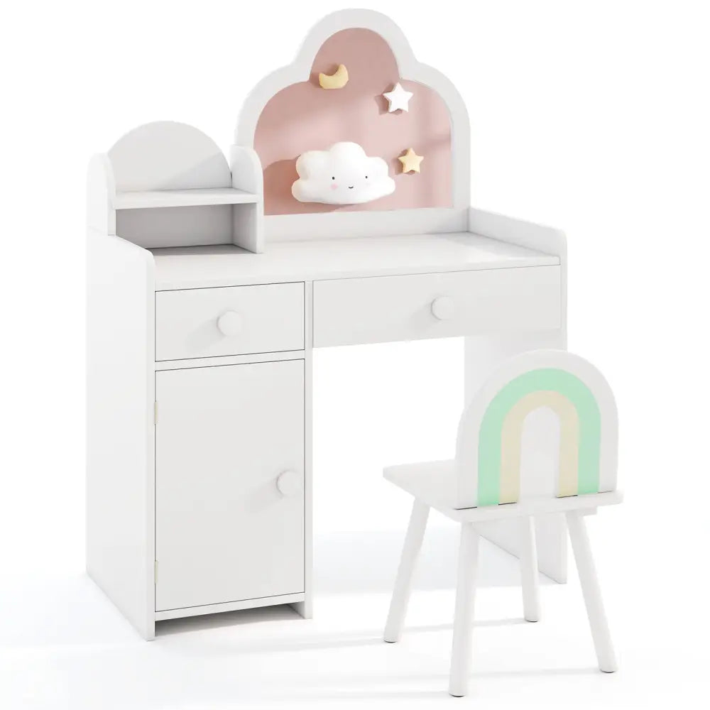 Kids Vanity Table and Chair Set with Cloud-shaped Mirror and Open Shelf-White - White - Kids Vanities