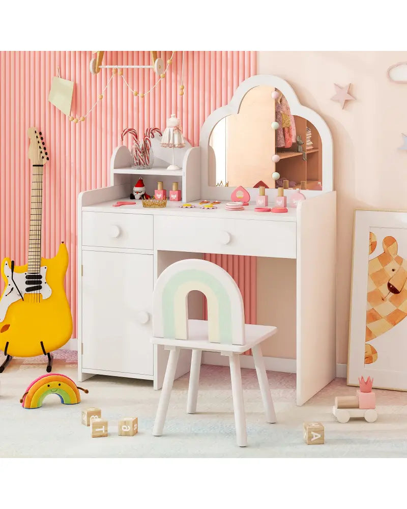 Kids Vanity Table and Chair Set with Cloud-shaped Mirror and Open Shelf-White - White - Kids Vanities