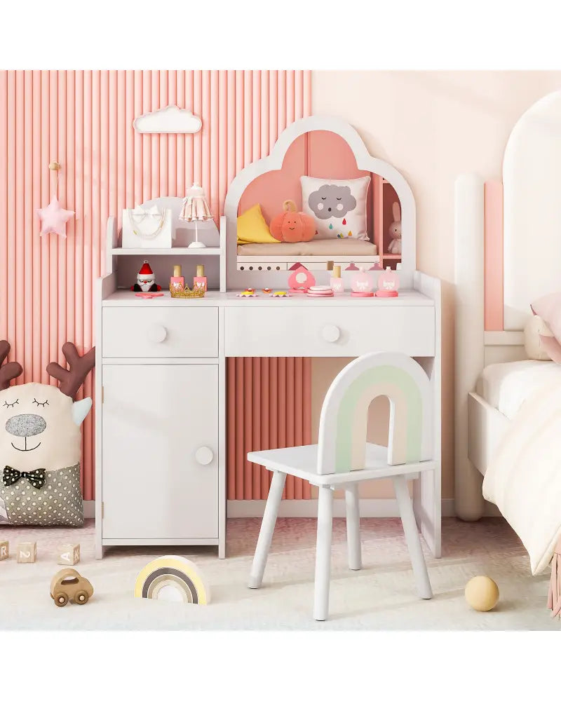Kids Vanity Table and Chair Set with Cloud-shaped Mirror and Open Shelf-White - White - Kids Vanities