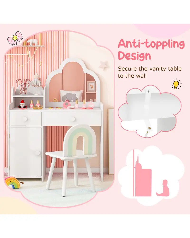 Kids Vanity Table and Chair Set with Cloud-shaped Mirror and Open Shelf-White - White - Kids Vanities
