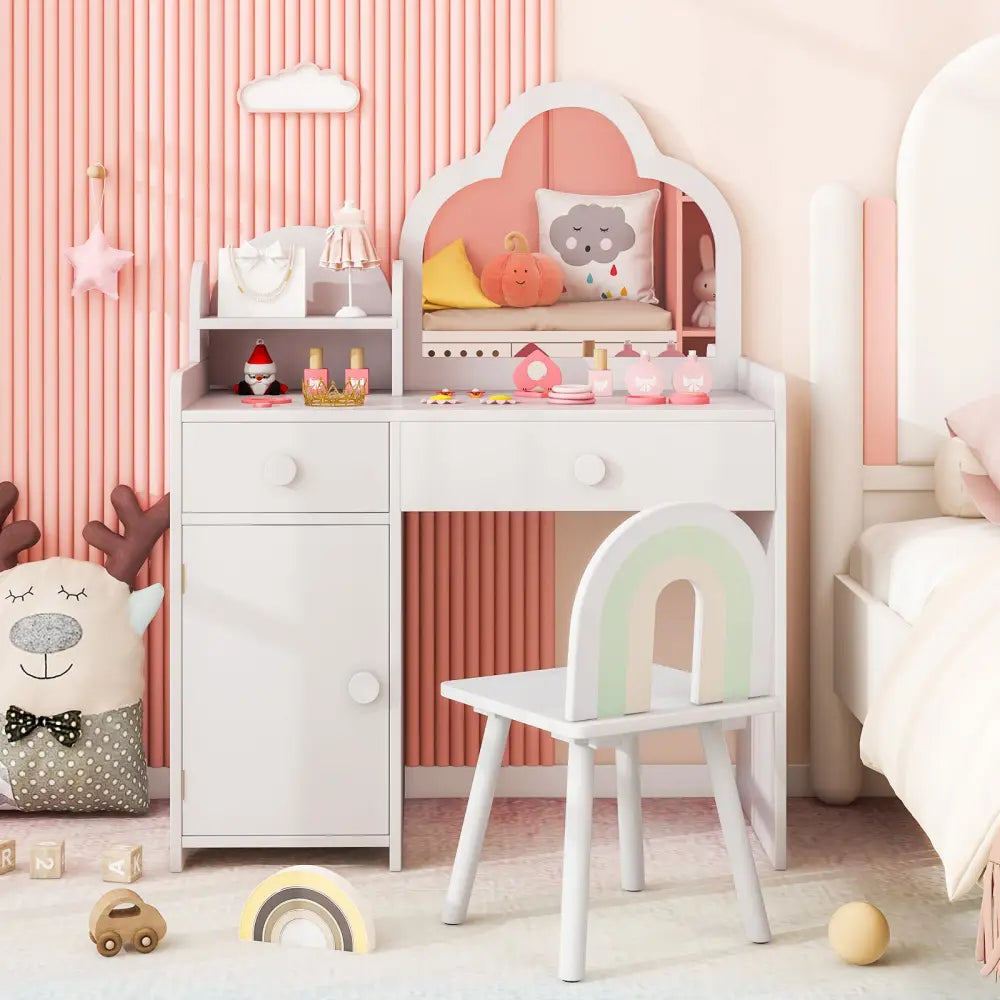 Kids Vanity Table and Chair Set with Cloud-shaped Mirror and Open Shelf-White - White - Kids Vanities