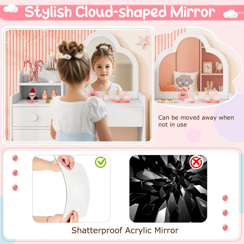 Kids Vanity Table and Chair Set with Cloud-shaped Mirror and Open Shelf-White - White - Kids Vanities