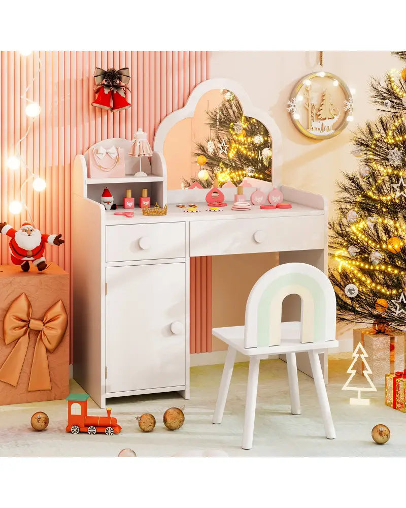 Kids Vanity Table and Chair Set with Cloud-shaped Mirror and Open Shelf-White - White - Kids Vanities