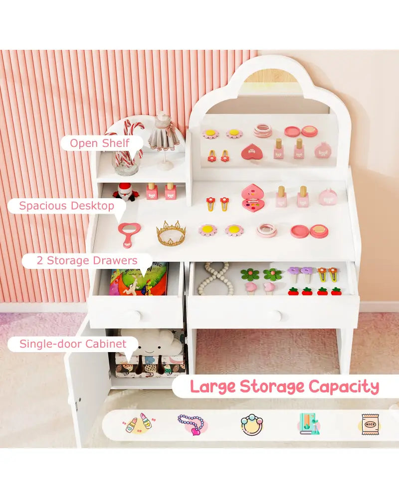 Kids Vanity Table and Chair Set with Cloud-shaped Mirror and Open Shelf-White - White - Kids Vanities