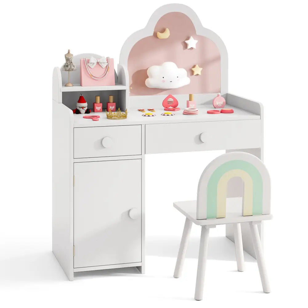 Kids Vanity Table and Chair Set with Cloud-shaped Mirror and Open Shelf-White - White - Kids Vanities