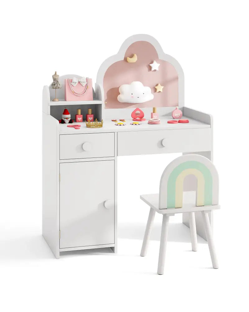 Kids Vanity Table and Chair Set with Cloud-shaped Mirror and Open Shelf-White - White - Kids Vanities