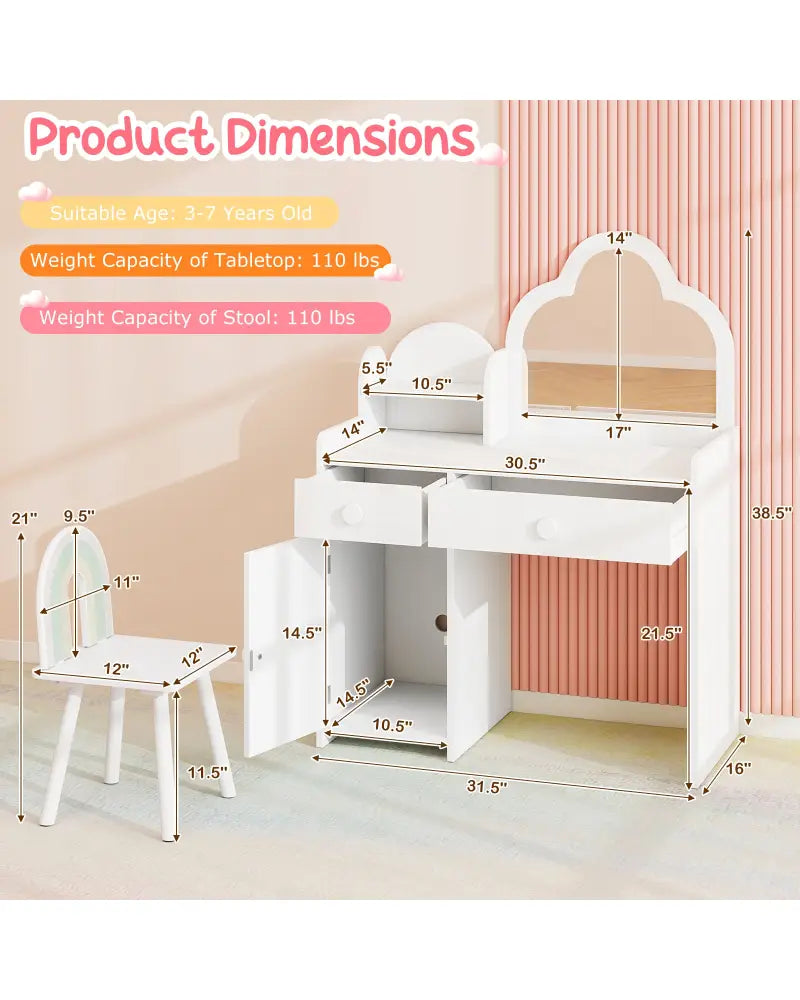Kids Vanity Table and Chair Set with Cloud-shaped Mirror and Open Shelf-White - White - Kids Vanities