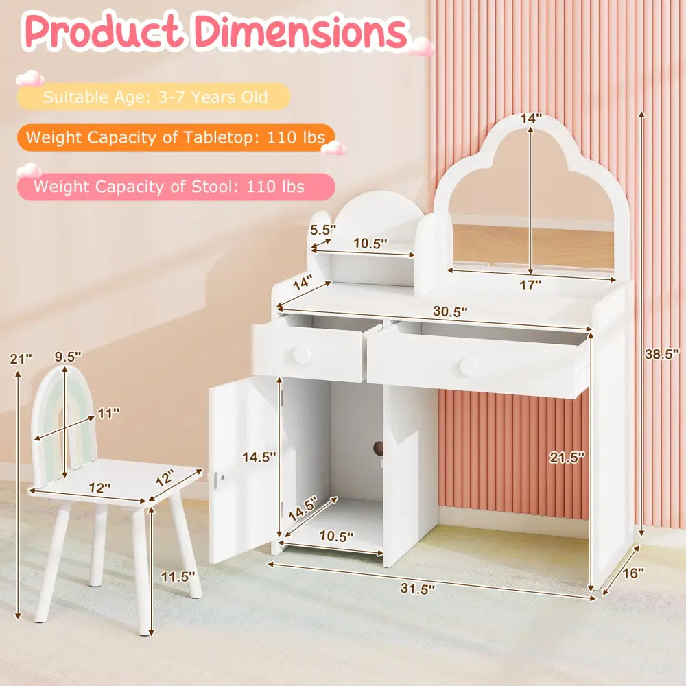 Kids Vanity Table and Chair Set with Cloud-shaped Mirror and Open Shelf-White - White - Kids Vanities