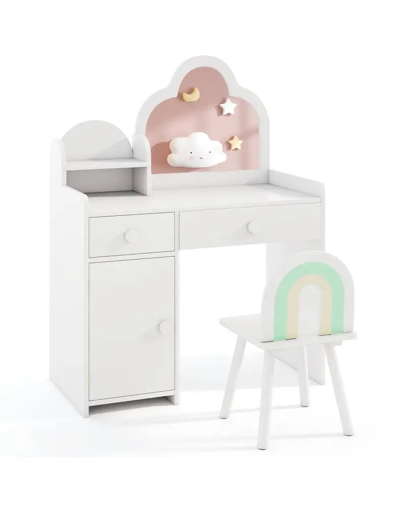 Kids Vanity Table and Chair Set with Cloud-shaped Mirror and Open Shelf-White - White - Kids Vanities