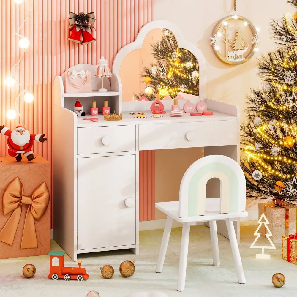 Kids Vanity Table and Chair Set with Cloud-shaped Mirror and Open Shelf-White - White - Kids Vanities