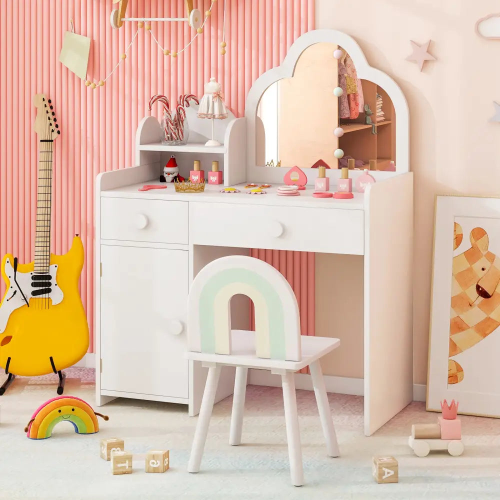 Kids Vanity Table and Chair Set with Cloud-shaped Mirror and Open Shelf-White - White - Kids Vanities