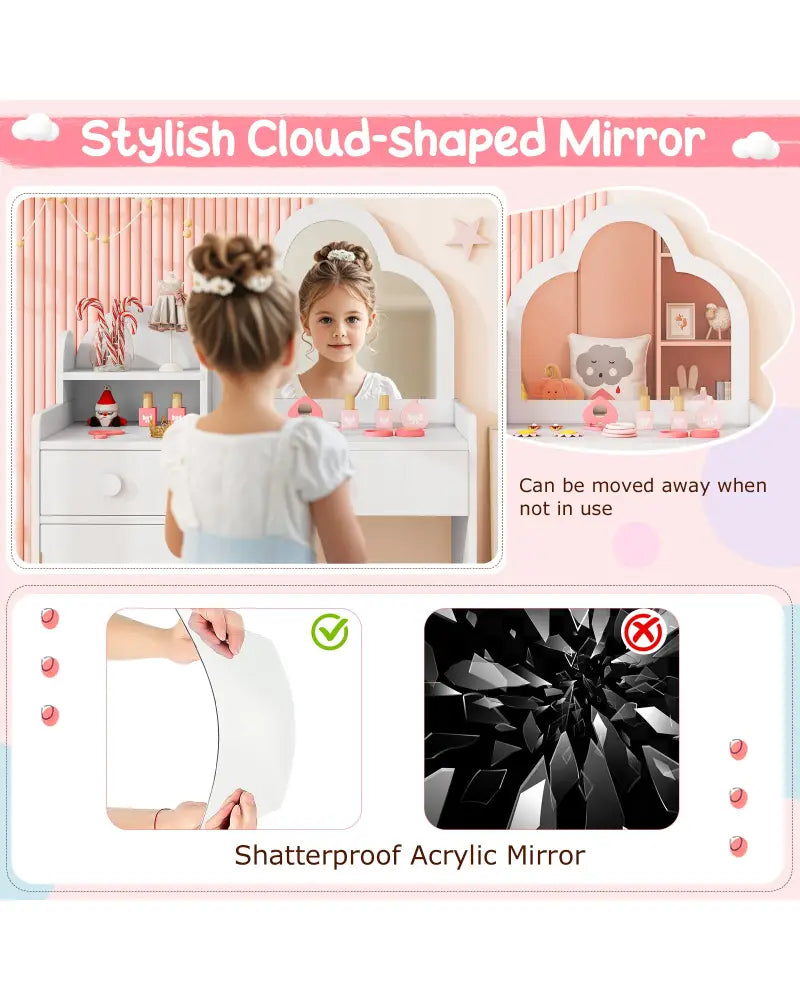 Kids Vanity Table and Chair Set with Cloud-shaped Mirror and Open Shelf-White - White - Kids Vanities