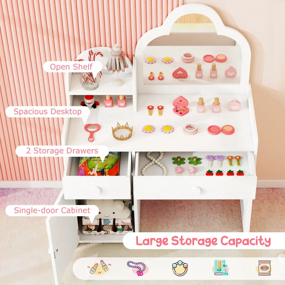 Kids Vanity Table and Chair Set with Cloud-shaped Mirror and Open Shelf-White - White - Kids Vanities