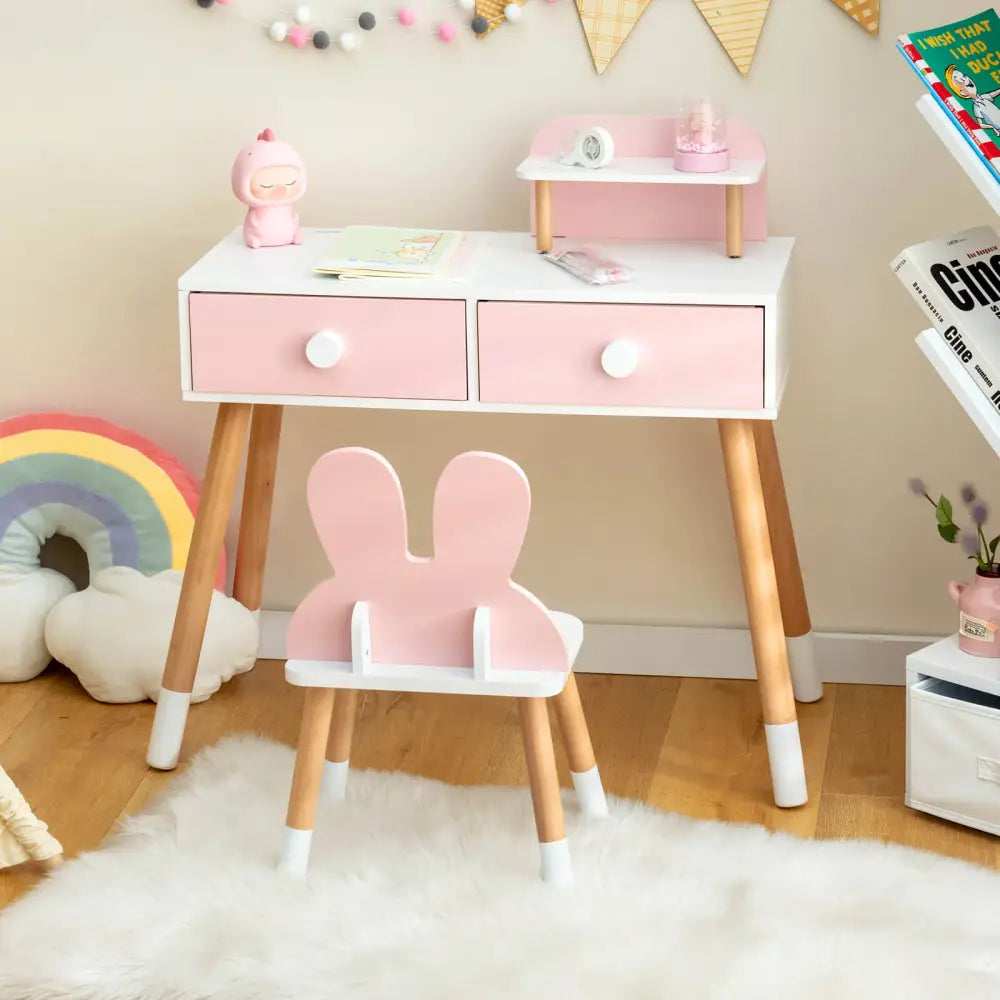 Kids Vanity Table and Chair Set with Drawer Shelf and Rabbit Mirror-Pink - Pink - Kids Vanities