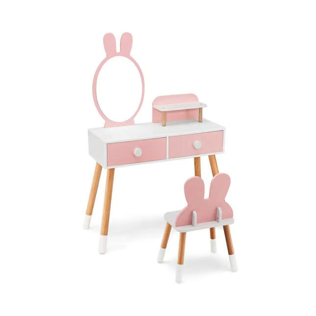Kids Vanity Table and Chair Set with Drawer Shelf and Rabbit Mirror-Pink - Pink - Kids Vanities