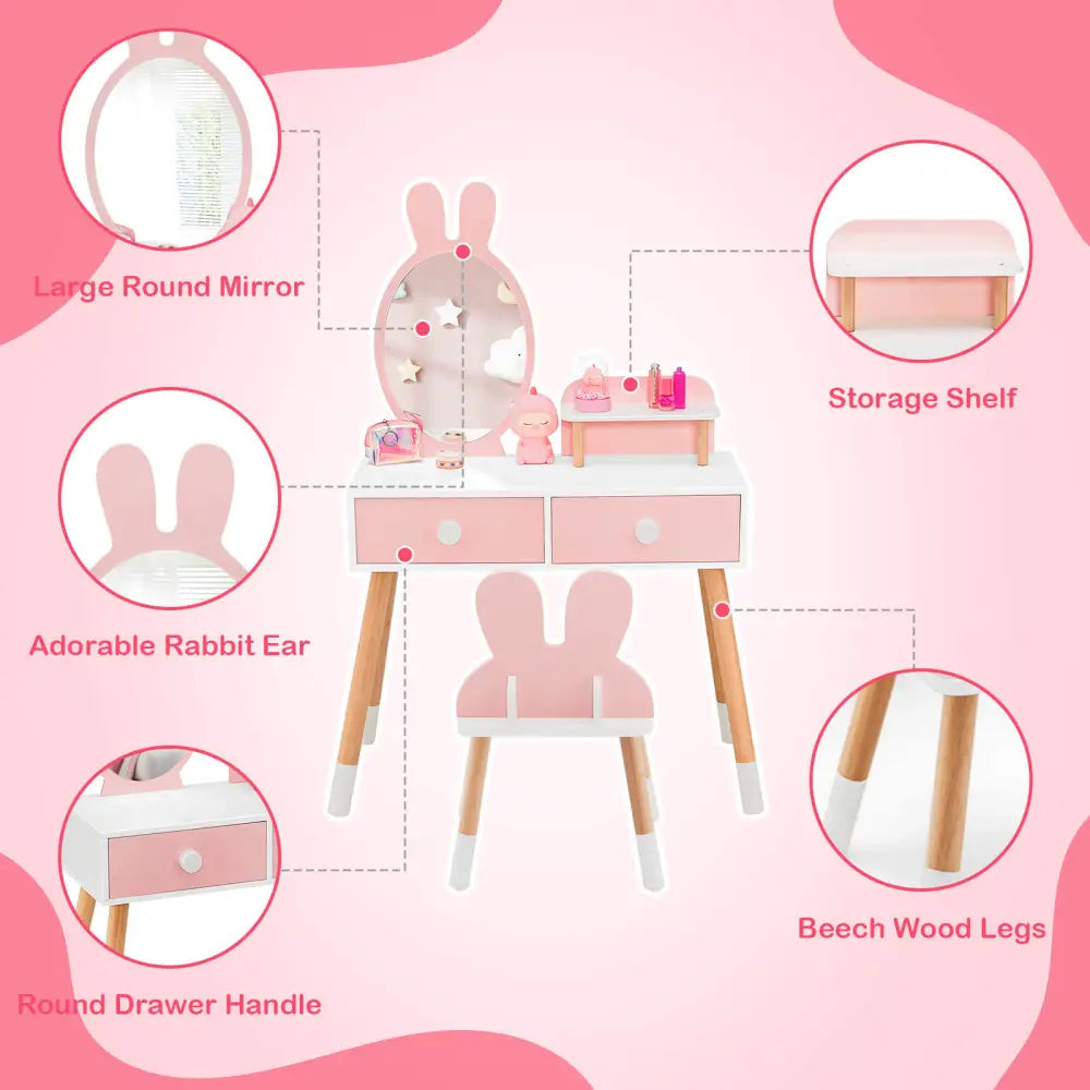 Kids Vanity Table and Chair Set with Drawer Shelf and Rabbit Mirror-Pink - Pink - Kids Vanities