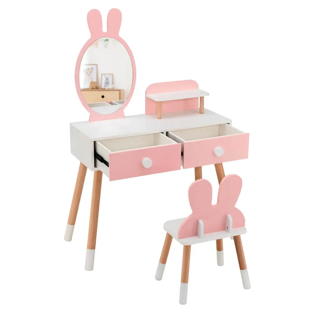 Kids Vanity Table and Chair Set with Drawer Shelf and Rabbit Mirror-Pink - Pink - Kids Vanities