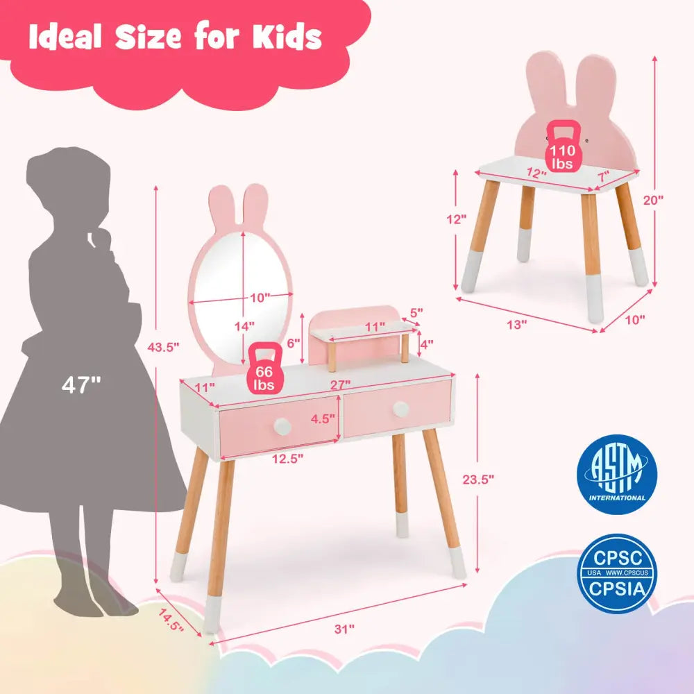 Kids Vanity Table and Chair Set with Drawer Shelf and Rabbit Mirror-Pink - Pink - Kids Vanities