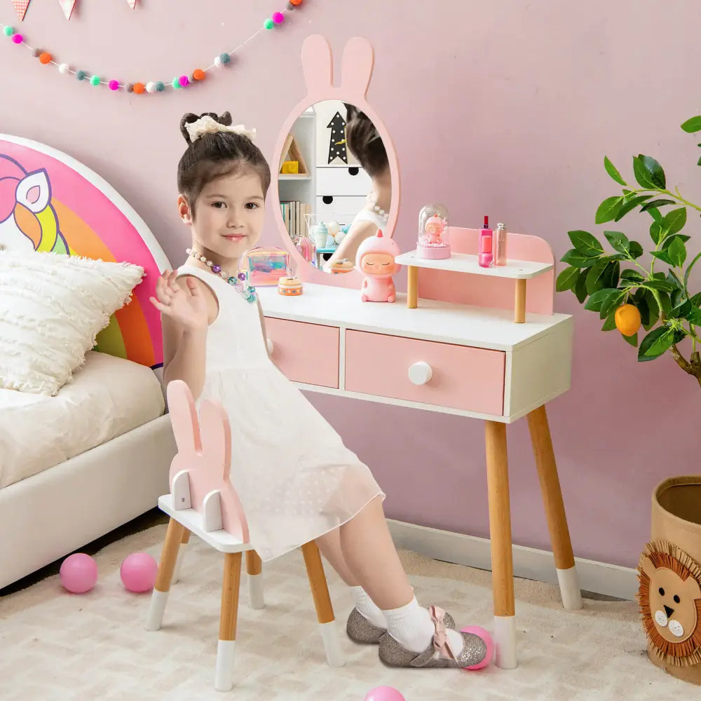 Kids Vanity Table and Chair Set with Drawer Shelf and Rabbit Mirror-Pink - Pink - Kids Vanities