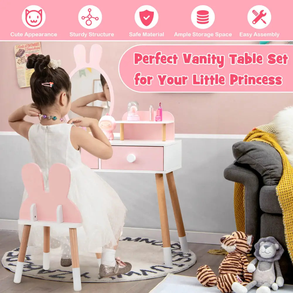 Kids Vanity Table and Chair Set with Drawer Shelf and Rabbit Mirror-Pink - Pink - Kids Vanities