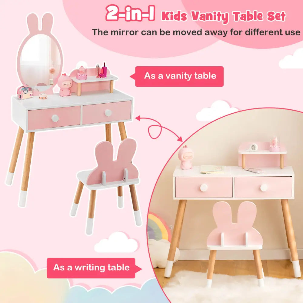 Kids Vanity Table and Chair Set with Drawer Shelf and Rabbit Mirror-Pink - Pink - Kids Vanities