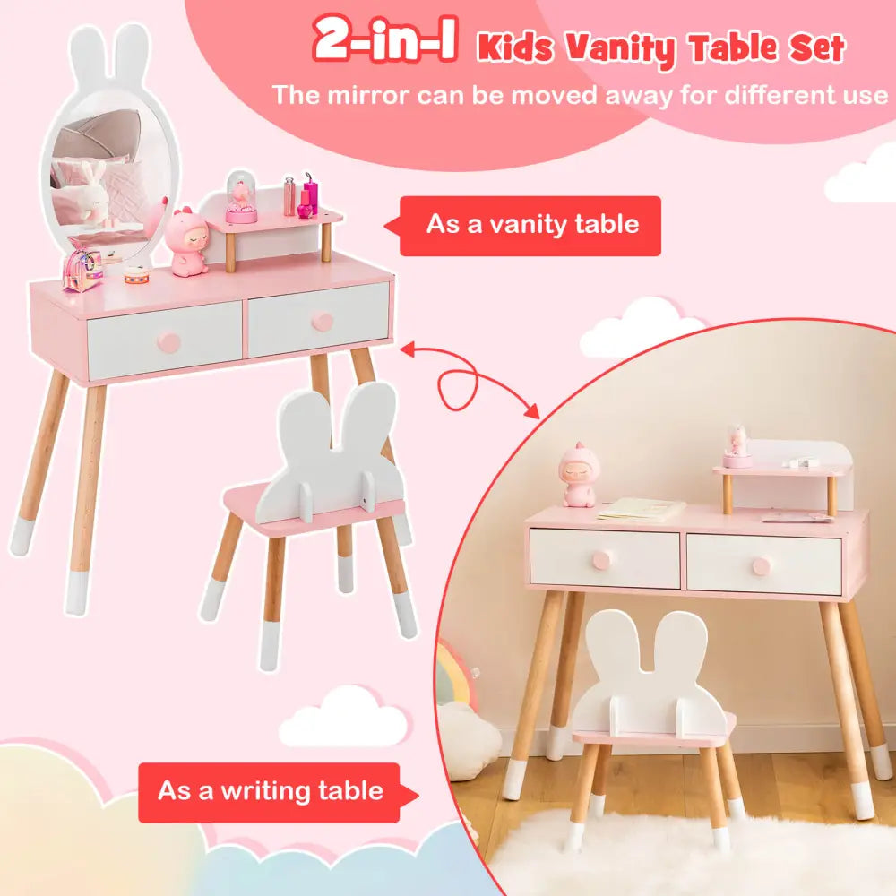 Kids Vanity Table and Chair Set with Drawer Shelf and Rabbit Mirror-White - White - Kids Vanities