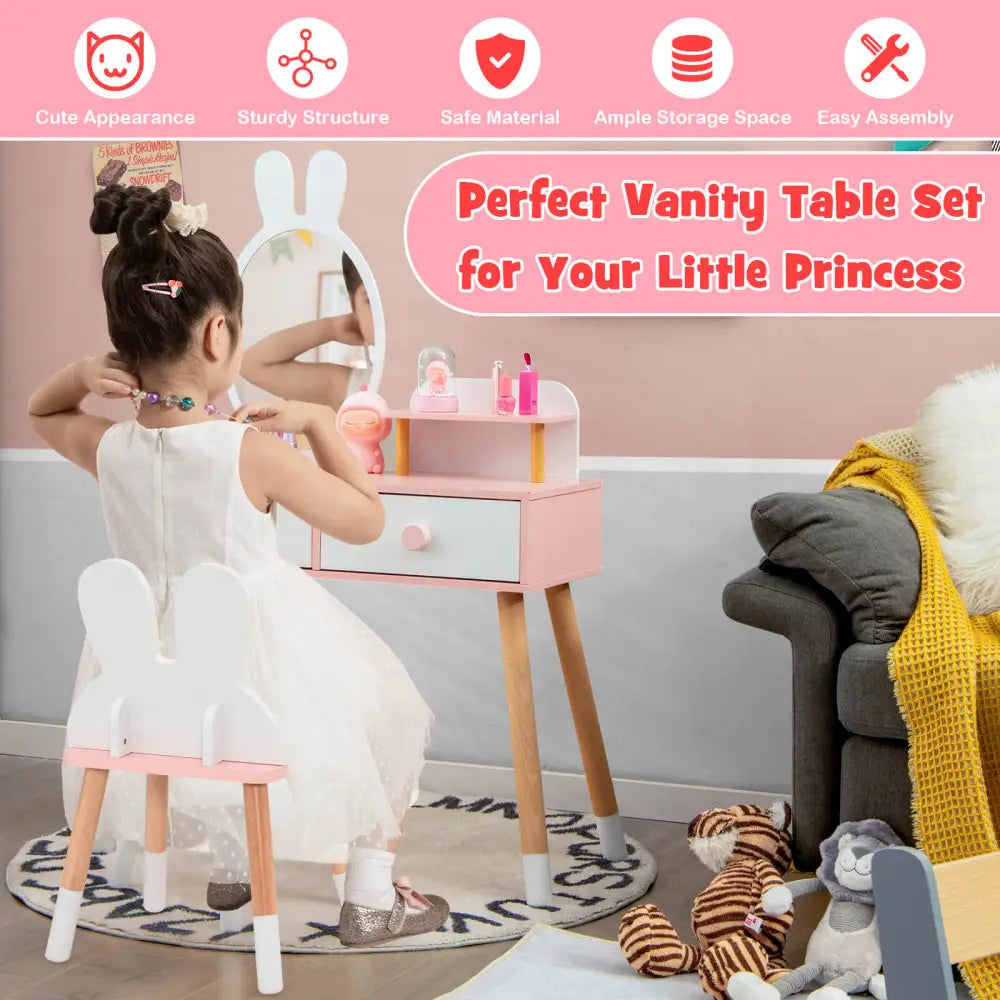 Kids Vanity Table and Chair Set with Drawer Shelf and Rabbit Mirror-White - White - Kids Vanities