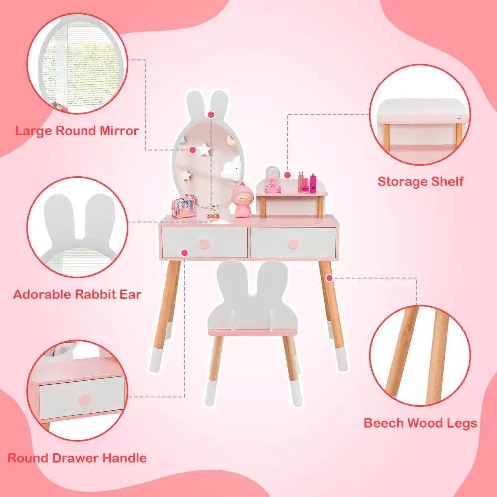 Kids Vanity Table and Chair Set with Drawer Shelf and Rabbit Mirror-White - White - Kids Vanities