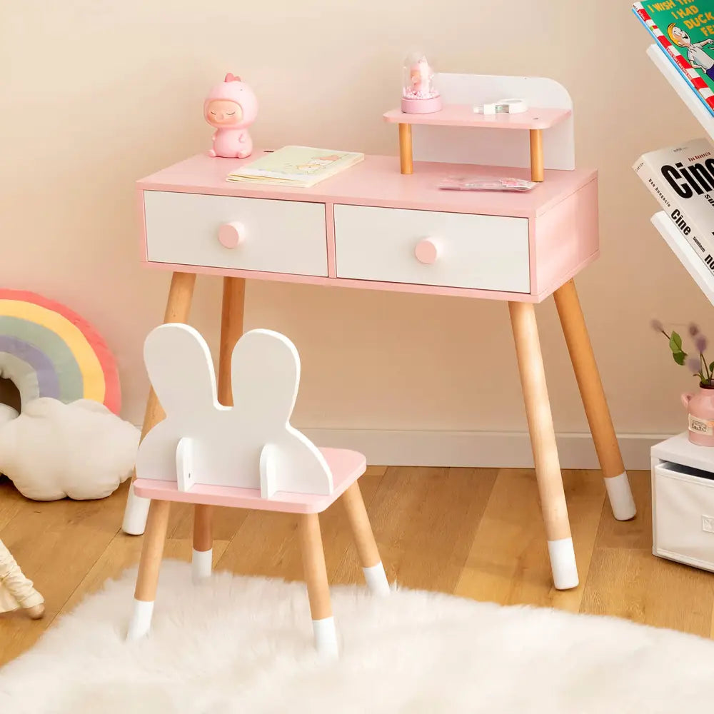 Kids Vanity Table and Chair Set with Drawer Shelf and Rabbit Mirror-White - White - Kids Vanities