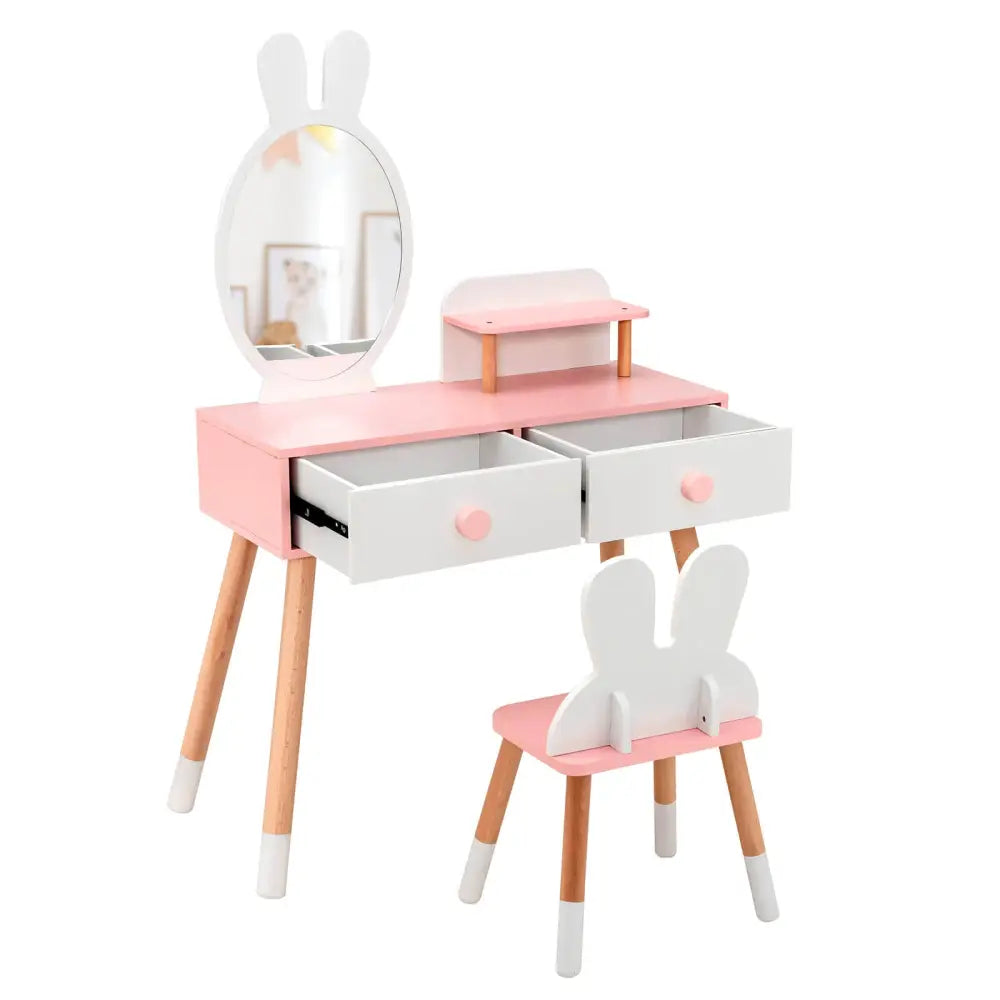Kids Vanity Table and Chair Set with Drawer Shelf and Rabbit Mirror-White - White - Kids Vanities