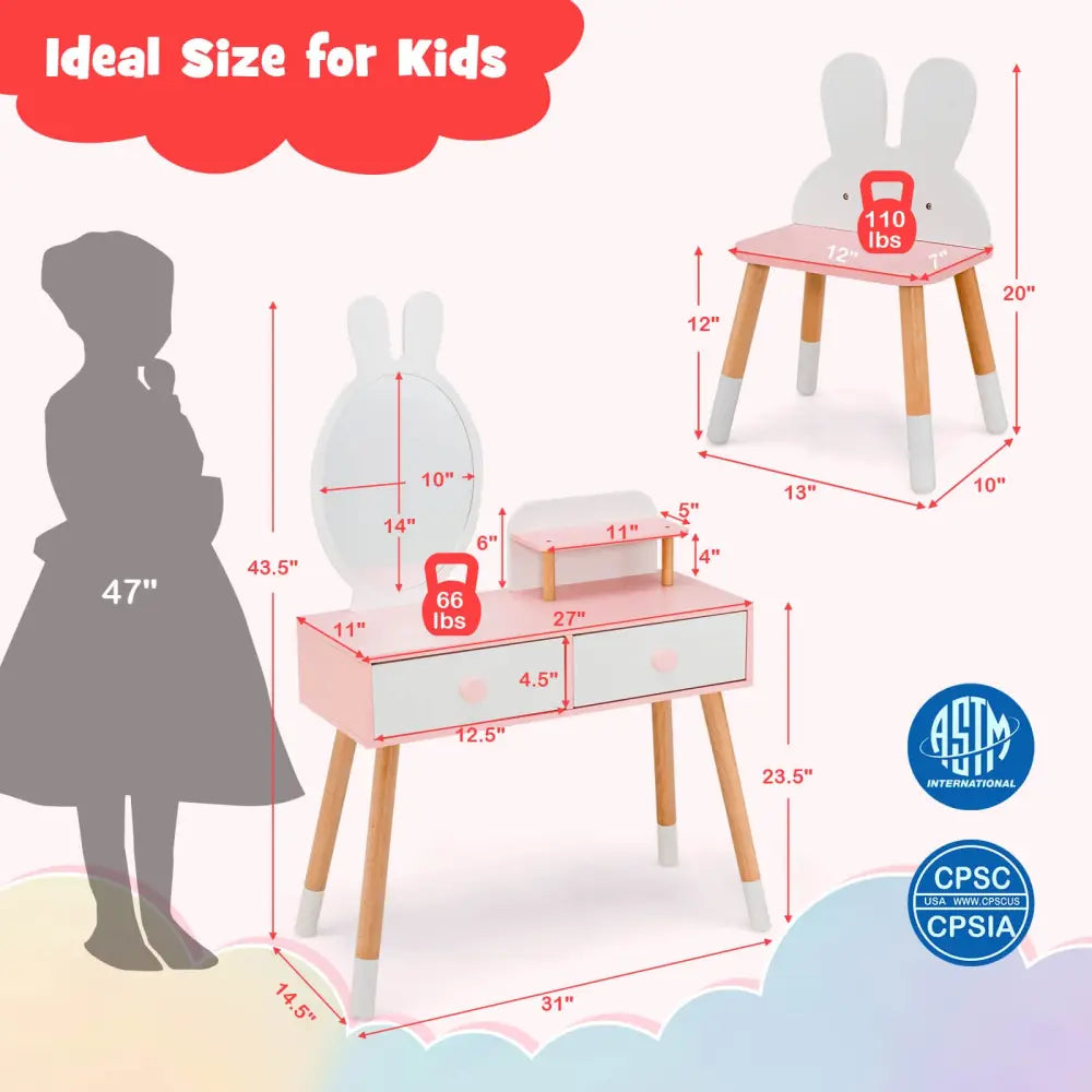 Kids Vanity Table and Chair Set with Drawer Shelf and Rabbit Mirror-White - White - Kids Vanities