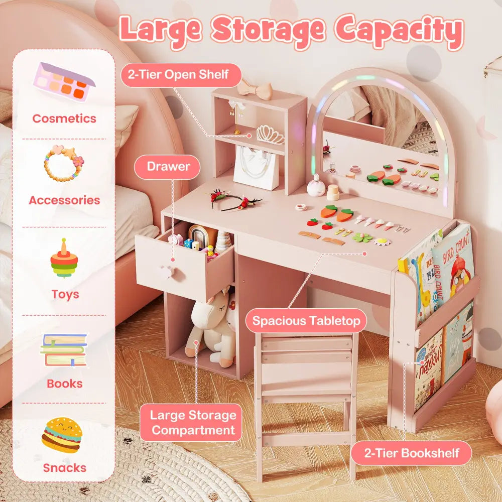 Kids Vanity Table and Chair Set with Lighted Mirror for Kids Aged 3+ Years Old-Pink - Pink - Kids Vanities