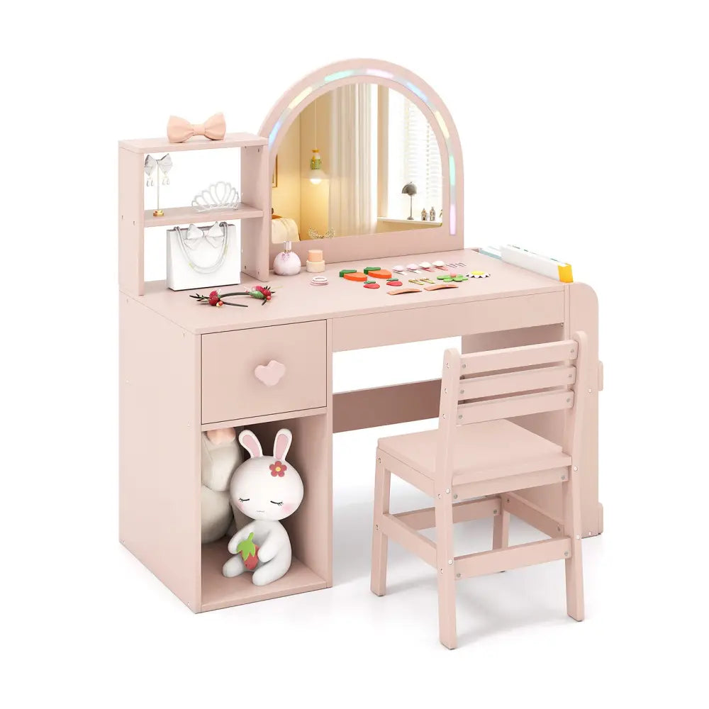 Kids Vanity Table and Chair Set with Lighted Mirror for Kids Aged 3+ Years Old-Pink - Pink - Kids Vanities