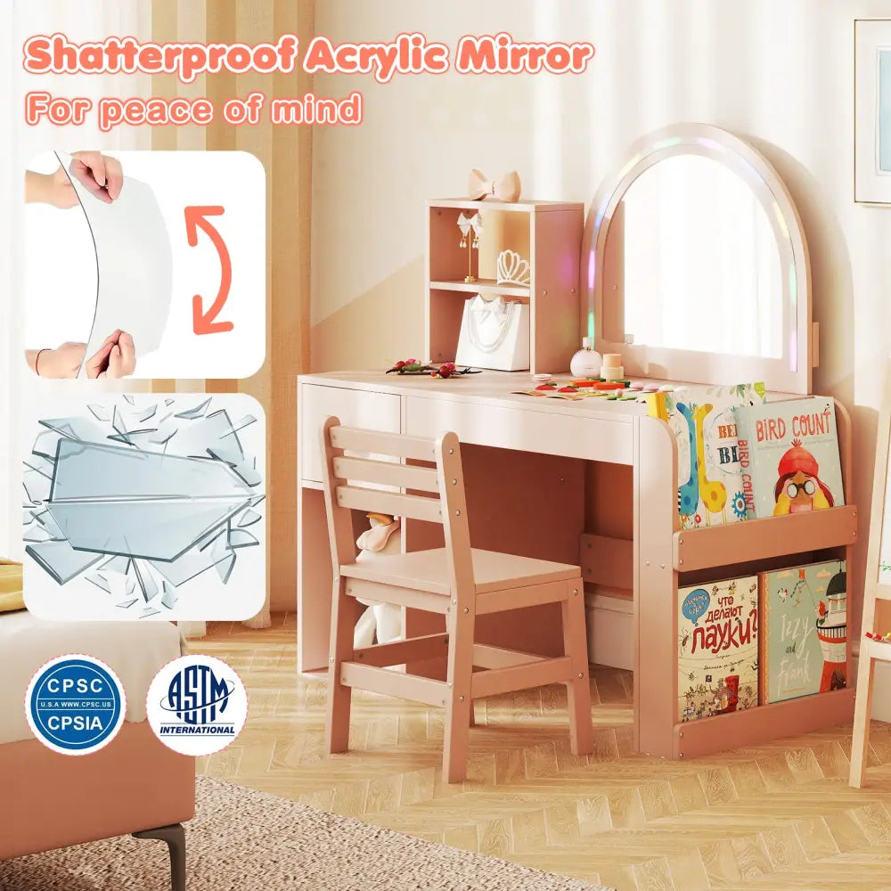 Kids Vanity Table and Chair Set with Lighted Mirror for Kids Aged 3+ Years Old-Pink - Pink - Kids Vanities