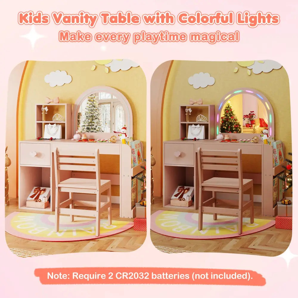 Kids Vanity Table and Chair Set with Lighted Mirror for Kids Aged 3+ Years Old-Pink - Pink - Kids Vanities