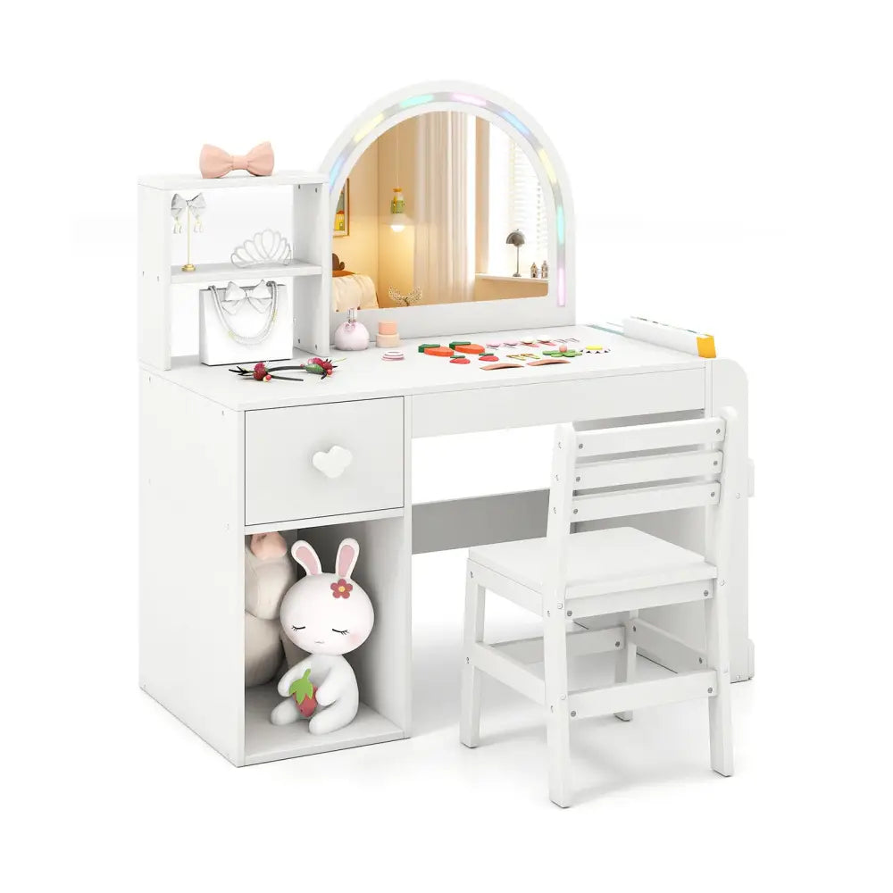 Kids Vanity Table and Chair Set with Lighted Mirror for Kids Aged 3+ Years Old-White - White - Kids Vanities