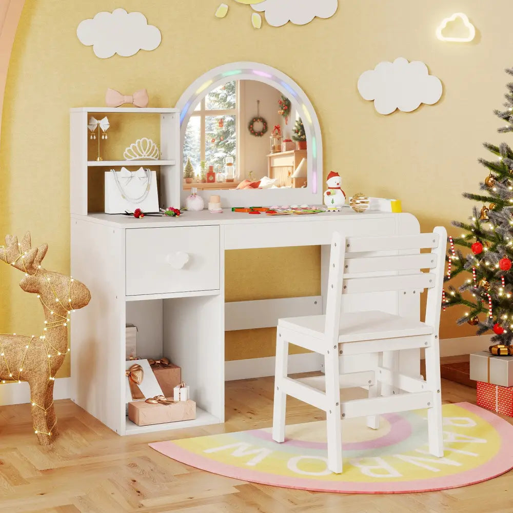 Kids Vanity Table and Chair Set with Lighted Mirror for Kids Aged 3+ Years Old-White - White - Kids Vanities