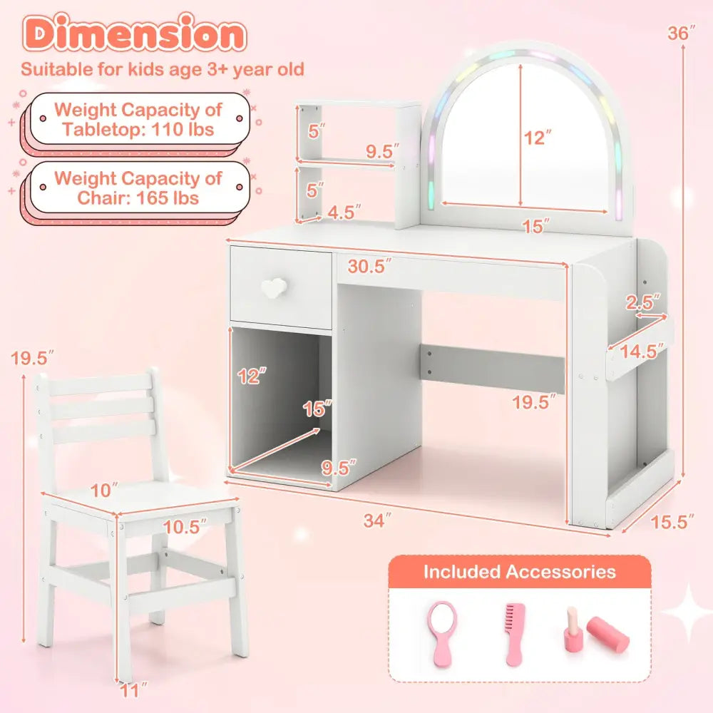 Kids Vanity Table and Chair Set with Lighted Mirror for Kids Aged 3+ Years Old-White - White - Kids Vanities