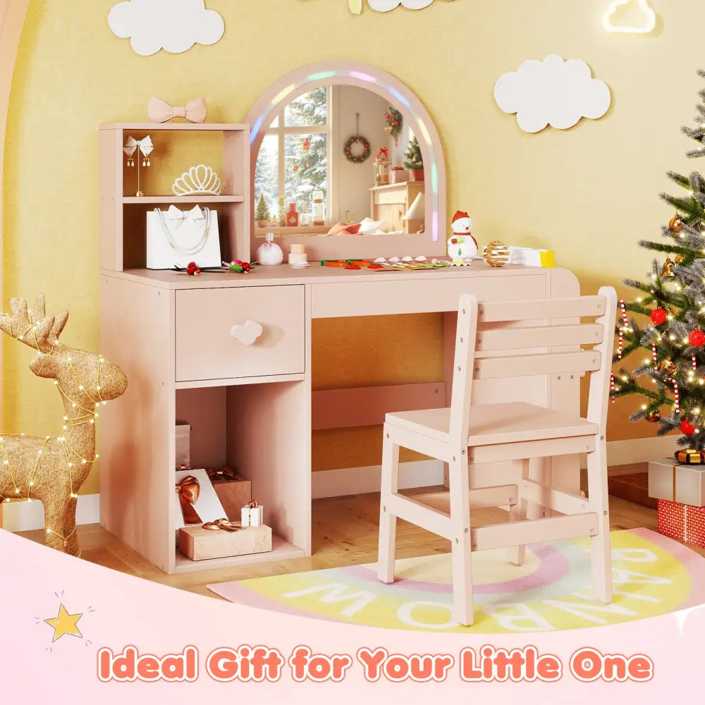 Kids Vanity Table and Chair Set with Lighted Mirror for Kids Aged 3+ Years Old-Pink - Pink - Kids Vanities
