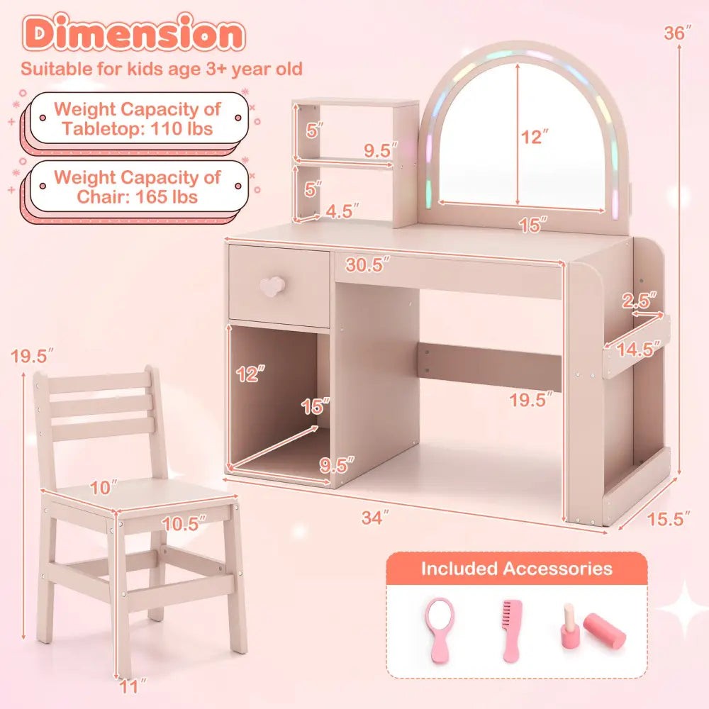 Kids Vanity Table and Chair Set with Lighted Mirror for Kids Aged 3+ Years Old-Pink - Pink - Kids Vanities