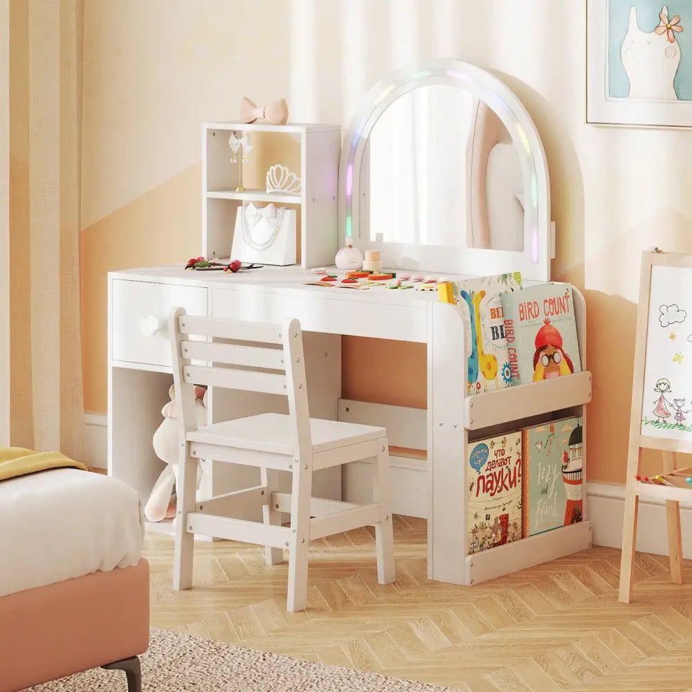 Kids Vanity Table and Chair Set with Lighted Mirror for Kids Aged 3+ Years Old-White - White - Kids Vanities