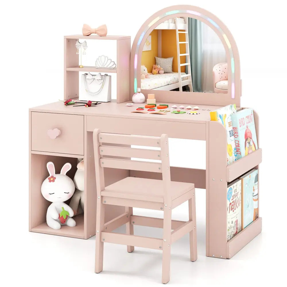 Kids Vanity Table and Chair Set with Lighted Mirror for Kids Aged 3+ Years Old-Pink - Pink - Kids Vanities
