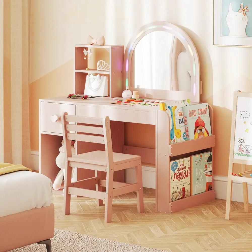 Kids Vanity Table and Chair Set with Lighted Mirror for Kids Aged 3+ Years Old-Pink - Pink - Kids Vanities