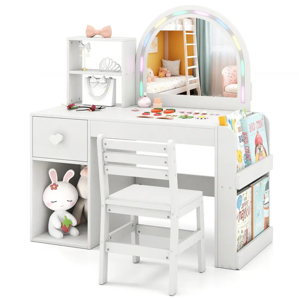 Kids Vanity Table and Chair Set with Lighted Mirror for Kids Aged 3+ Years Old-White - White - Kids Vanities