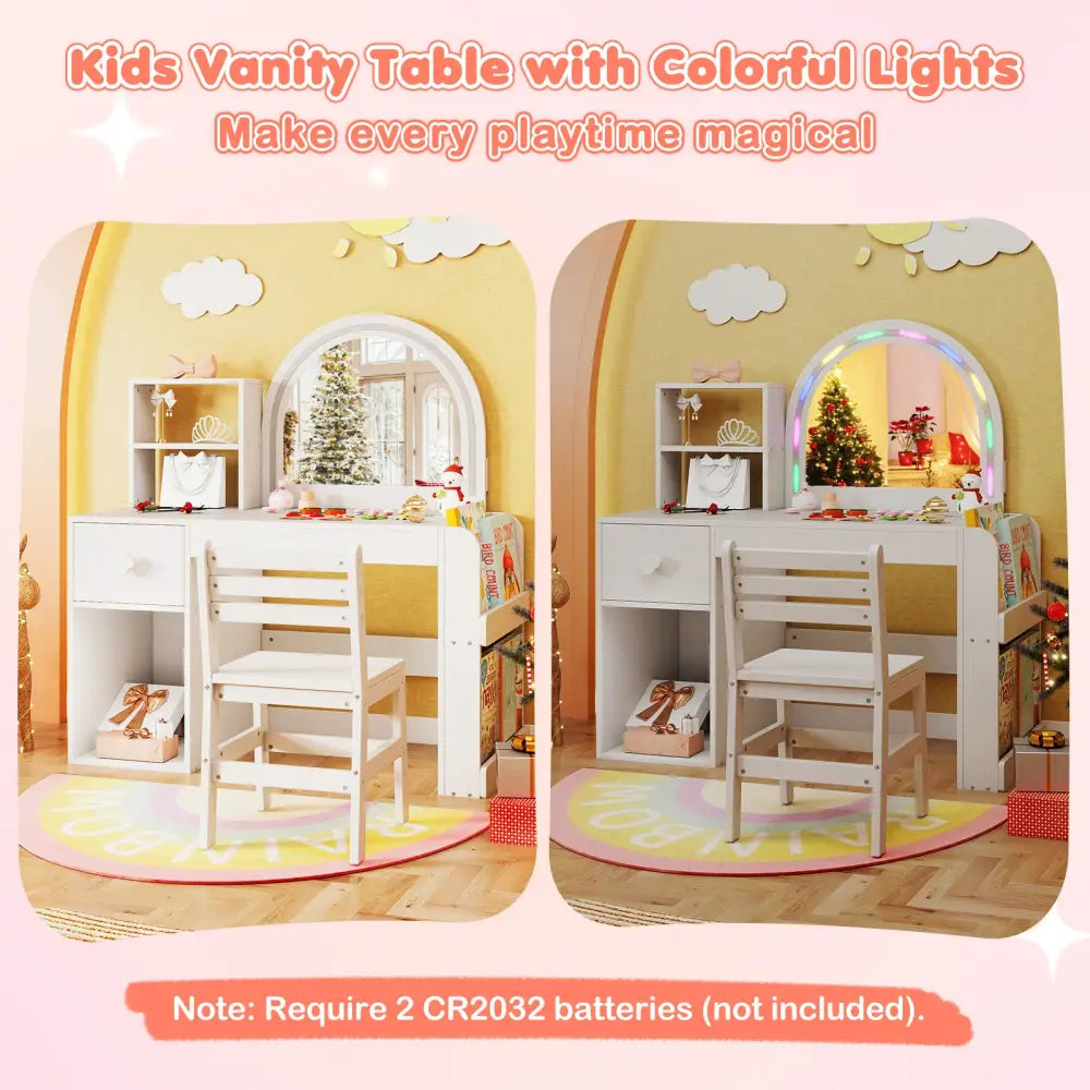 Kids Vanity Table and Chair Set with Lighted Mirror for Kids Aged 3+ Years Old-White - White - Kids Vanities