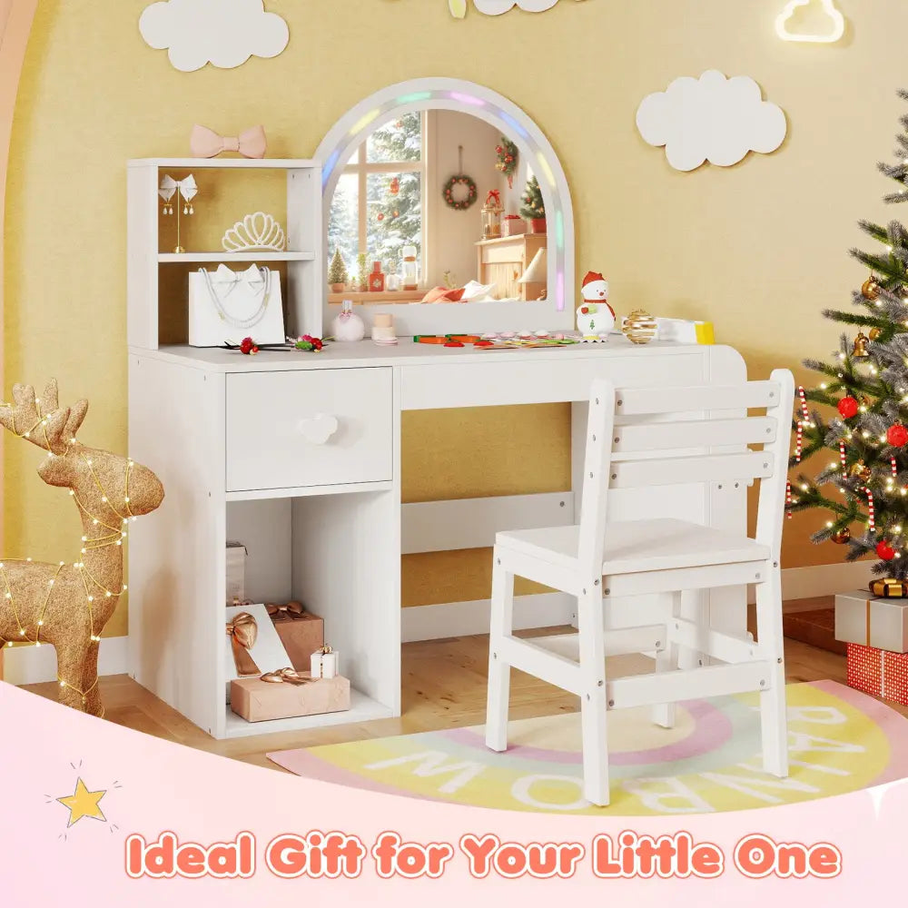Kids Vanity Table and Chair Set with Lighted Mirror for Kids Aged 3+ Years Old-White - White - Kids Vanities