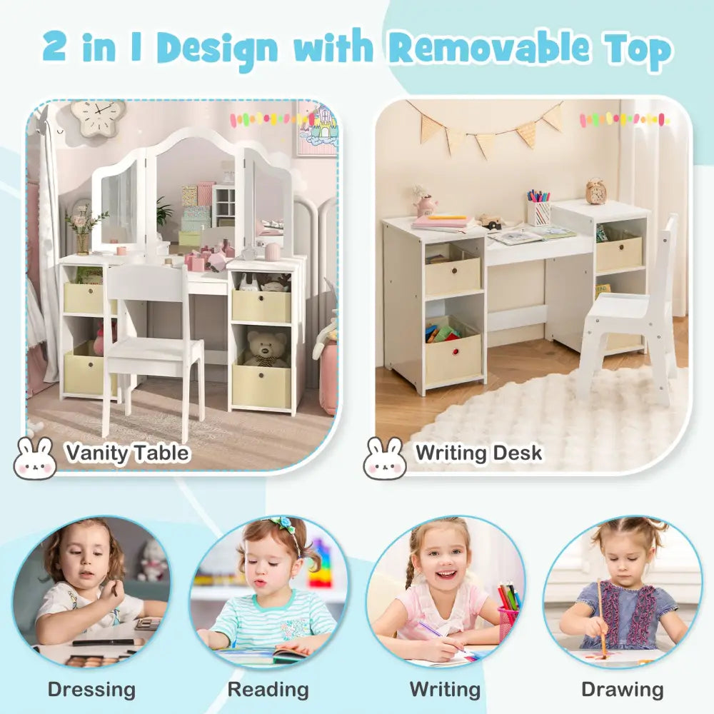 Kids Vanity Table and Chair Set with Removable Mirrors and 4 Storage Bins-White - White - Kids Vanities