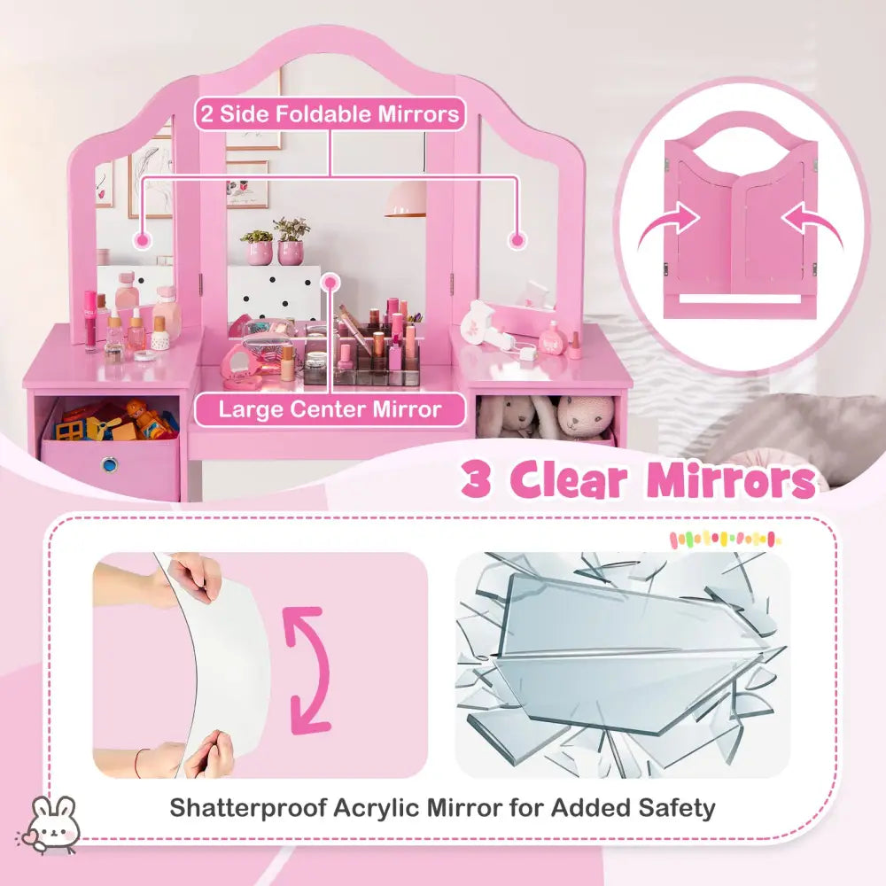 Kids Vanity Table and Chair Set with Removable Mirrors and 4 Storage Bins-Pink - Pink - Kids Vanities