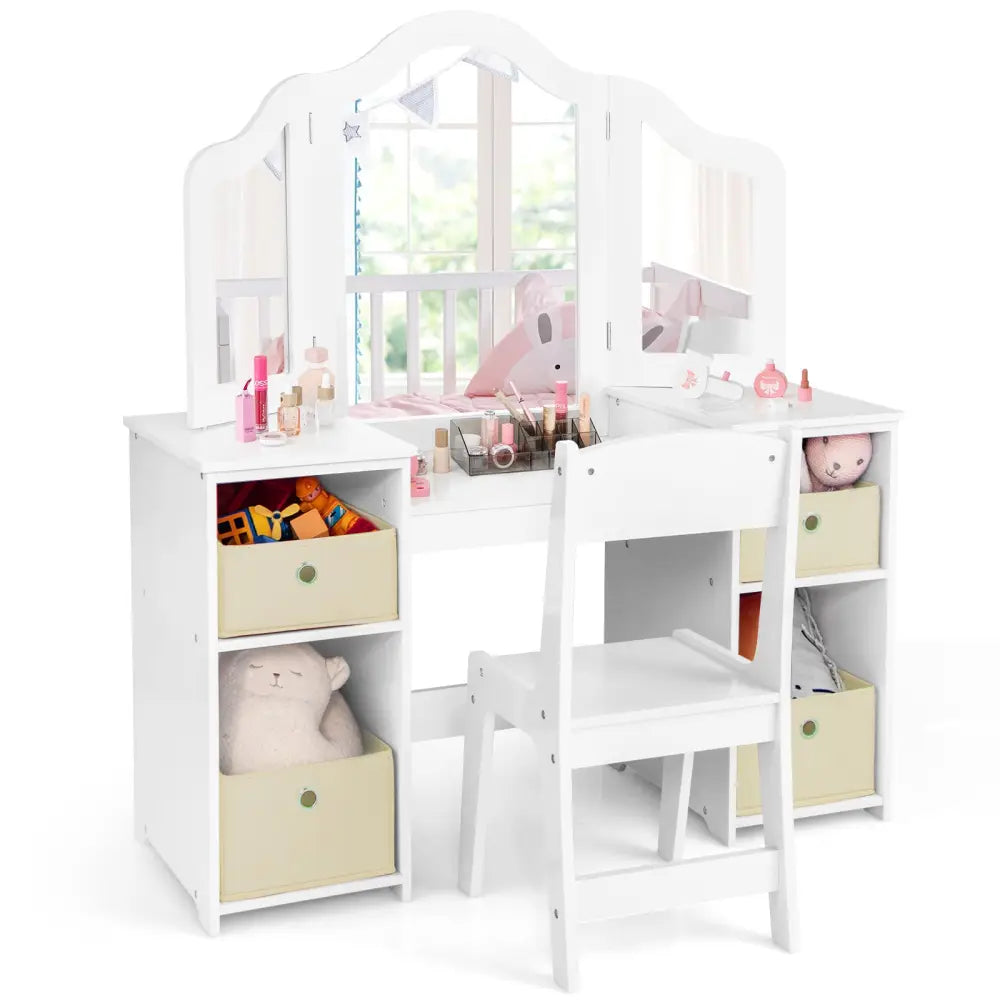Kids Vanity Table and Chair Set with Removable Mirrors and 4 Storage Bins-White - White - Kids Vanities