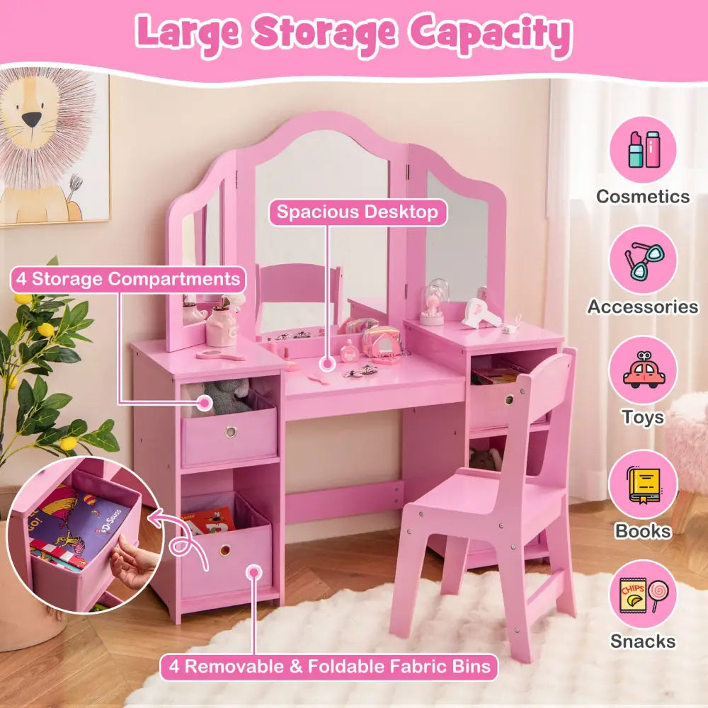 Kids Vanity Table and Chair Set with Removable Mirrors and 4 Storage Bins-Pink - Pink - Kids Vanities